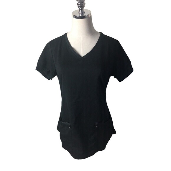 Purple Label Yoga Black Medium Size Scrub Top Pull On Short Sleeves V-Neck - Picture 1 of 6
